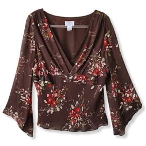 Women 90s Y2K Nature Fairy Goblincore Silk Blouse Top M  Brown Floral Sheer